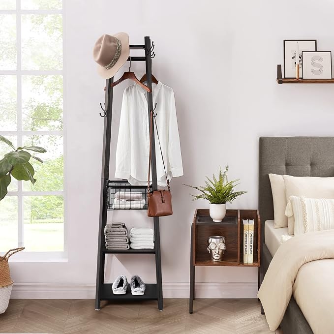 VECELO Coat Rack Freestanding,Hall Tree with Metal Basket and Storage Shelves,Industrial Coat Rack Stand with 8 Hooks for Hanging Coats/Hats/Bags/Umbrellas,18 x 18 x 72 In,Matte Black