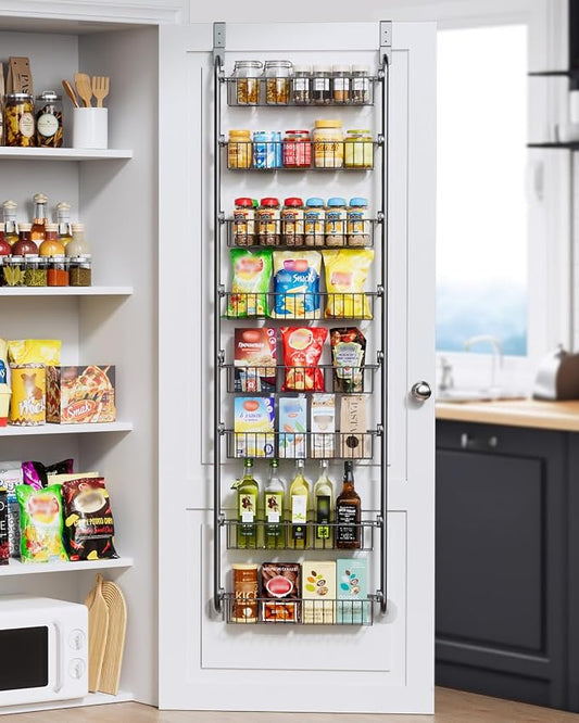 Delamu Over The Door Pantry Organizer, 8-Tier Pantry Door Organizers and Storage, Metal Hanging Spice Rack, Seasoning Organizer, Door Organizer for Home Kitchen Bathroom, Black