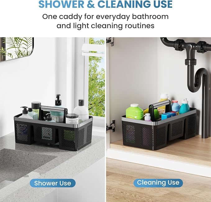 BYUNER 2Pack Plastic Shower Caddy: Portable Hard Bathroom Basket Tote with Handle, 4 Divided Compartments, All-Side Drainage, Non-Mesh Shower & Cleaning Caddy Organizer for College Dorm, Black/Silver