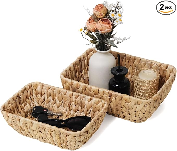 Small Wicker Baskets Set of 2, Hand Woven Water Hyacinth Basket 2 Pack