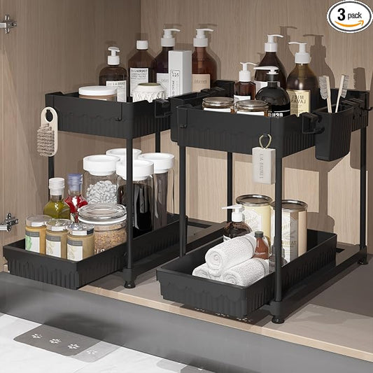 Sevenblue 2-Pack 2-Tier Under Sink Organizers with Sliding Drawers | Multi-use kitchen & bathroom storage, 12.85 inch black cabinet organizer, space-saving sliding drawer design.