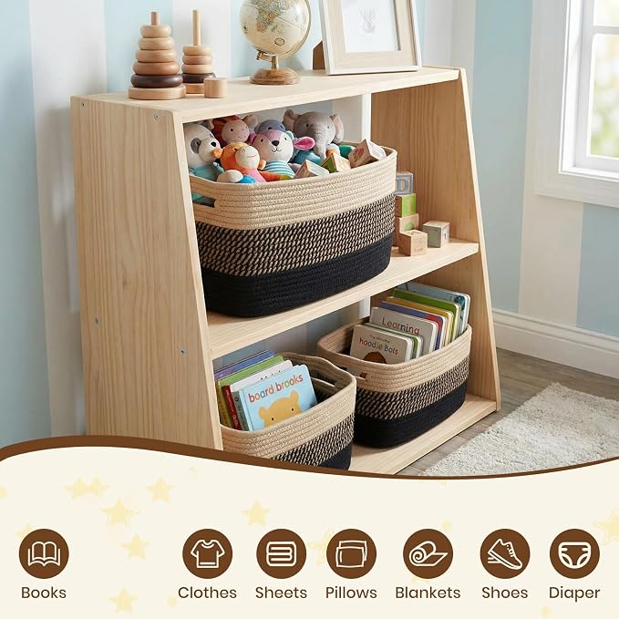 Storage Baskets for Organizing, 14 x 10 x 9” Closet Shelf Woven Baskets, Square Bins with Handles, Cotton Rope Basket for Clothes, Office, Room, Black+Brown 1Pack