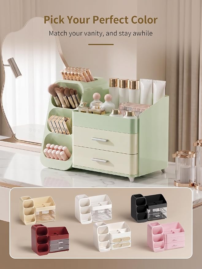 Booklov Large Makeup Organizer for Vanity Countertop, Green Cream | Plastic Cosmetic Display Case with Drawers, Beauty Brush Holder for Bathroom Counter, Skin Care Perfumes Storage