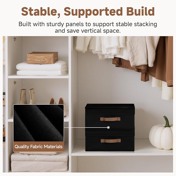 StorageWorks Storage Bins with Lid, Decorative Fabric Storage Bins with Handles, Stackable Closet Organizers for Shelves and Bedroom, Small, Black, 2-Pack