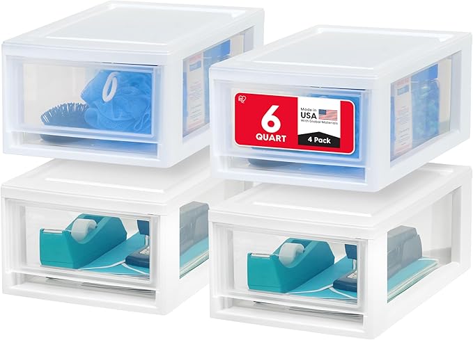 IRIS USA 4-Pack, 6 Qt. Small Stacking Drawer Storage Organizer, White | Organize craft supplies, accessories, office items, and small essentials around your home with separate storage spaces