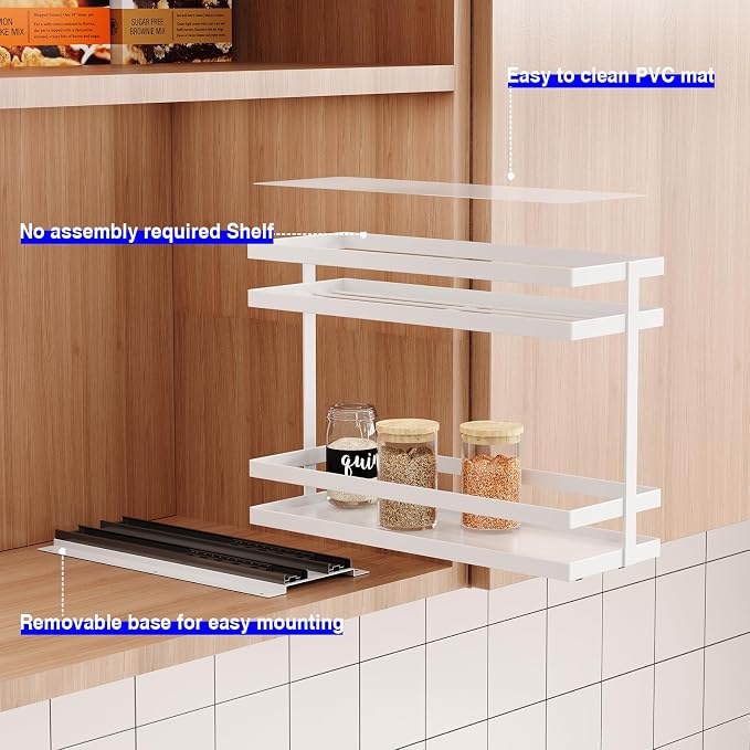 Mustorn Pull Out Spice Rack Organizer for Cabinet, 2 Tier Metal Slide Out Seasoning Organizer and Storage Heavy Duty Vertical Spice Rack Shelf Pullout for Kitchen Cabinets No Drilling(1 Pack, White)
