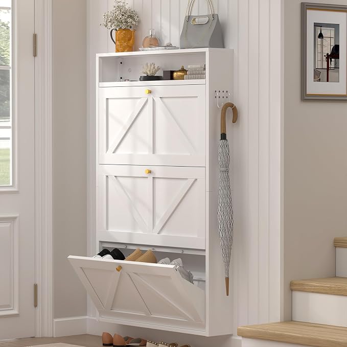 Front Door Shoe Storage, Hanging Shoe Rack with Drawers, 3-Tier Flip-Down Shoe Storage Cabinet for Entryway, Hallway, Narrow Behind the Door Shoe Cabinet, Space-Saving, White