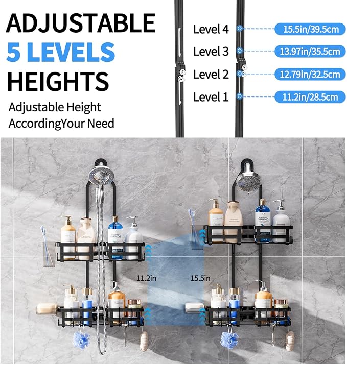 GAOKASE Aluminum Shower Caddy Hanging, Never Rust Shower Organizer | 4 Levels with adjustable Height 10 Hooks for Razor/Sponge - Rack with Soap Basket (Black-1)
