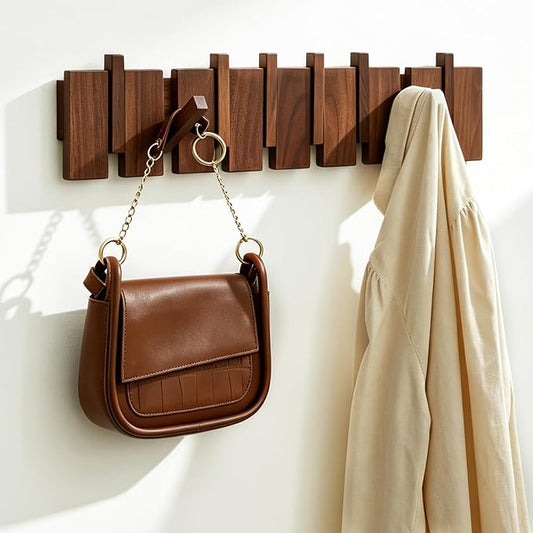 QUELLANCE Wood Coat Rack Wall Mount, Coat Hooks Hanger Wall Mounted, Heavy Duty Wall Coat Rack with 8 Hooks for Hanging Coats/Keys/Hats/Robe&Towels/Plants/Bags, Walnut
