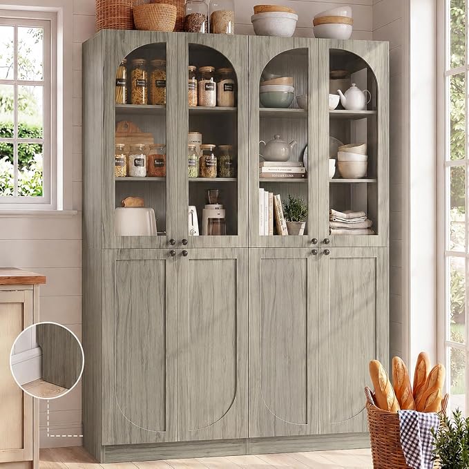 Cyclysio 80" Kitchen Pantry, Tall Arch Storage Cabinet with Tempered Glass & Soft Close Doors, Freestanding Wood Floor Cupboard Bookcase with Seamless Fit Wall for Dining Room, Living Room, Bathroom