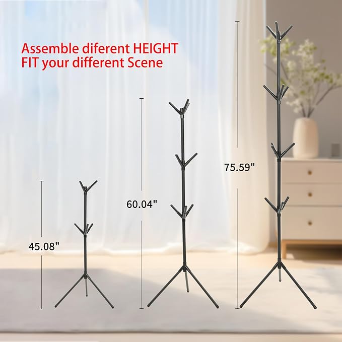 Aynoo Coat Rack Stand with 12 Hooks,Metal Freestanding Coat Standing,Light weight Cap Rack,Black