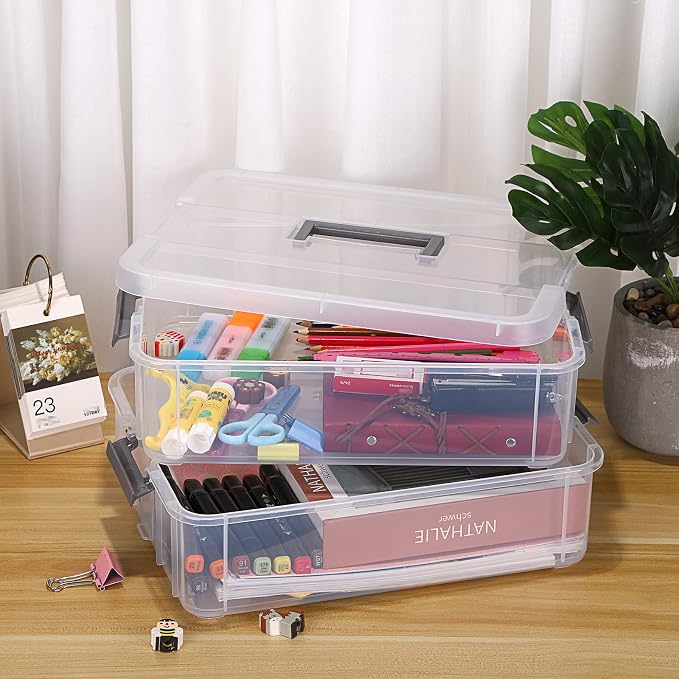 JUXYES 2-Tiers Plastic Stack Carry Storage Containers Box wih Handle Lids | Clear Stackable Latching Craft Storage Bin for School Office, Organizing Stationery, Sewing, Art Craft, DIY Supplies, Gray