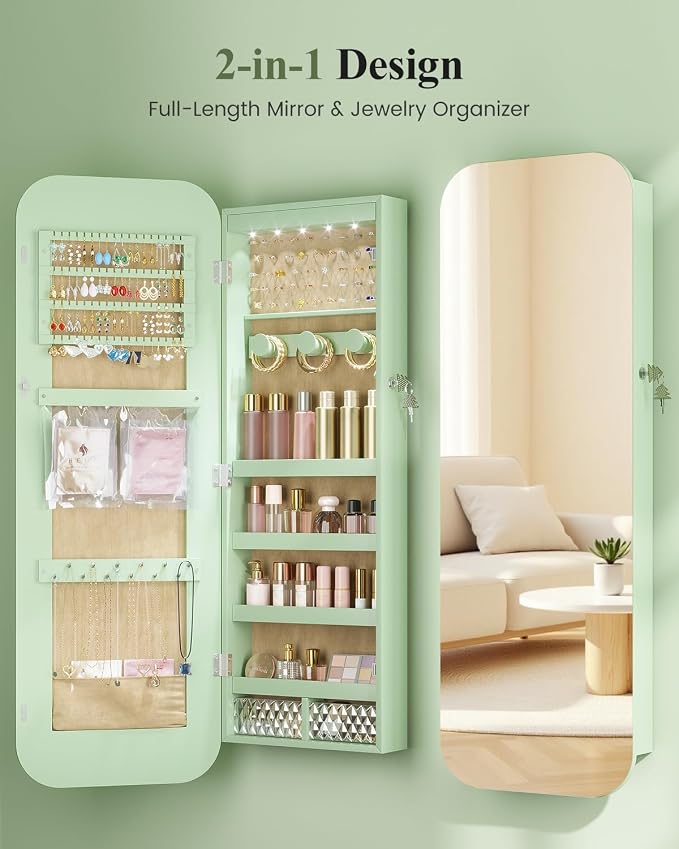 6 LEDs Mirror Jewelry Cabinet Door Hanging, 42.5", Lockable, Green | Jewelry Organizer with Full Length Mirror, Wall Mounted Large Jewelry Storage for Earrings, Rings, Necklaces