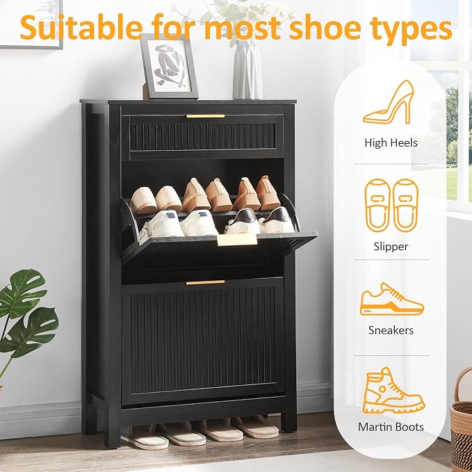 2-Flip Drawer Shoe Cabinet Narrow Entryway Rack, Black | Vertical Wood Grain, Metal Handles, Adjustable Compartments, Removable Shelf, Anti-Tip Device, for Hallway Foyer Entryway