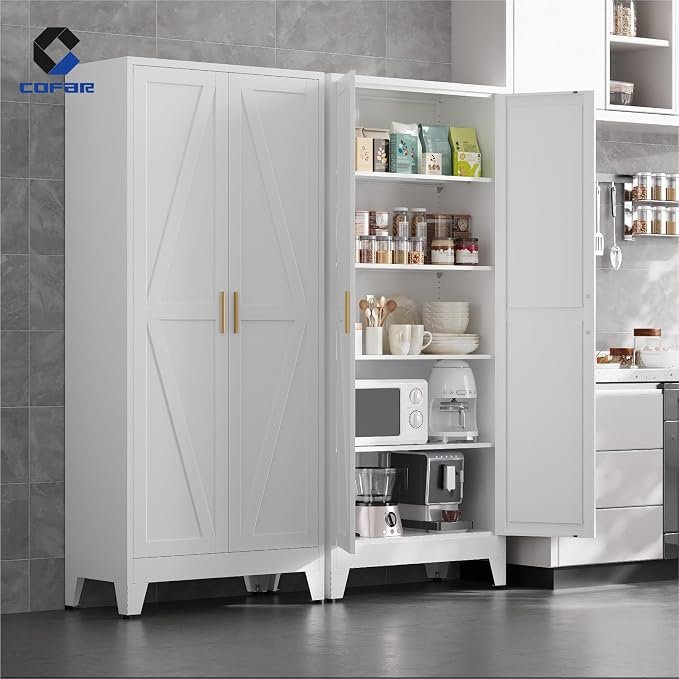 COFaR Metal Pantry Cabinet with Doors, Farmhouse 71'' Tall Storage Cabinet with 4 Adjustable Shelves, Kitchen Pantry Cabinet for Dinning Room, Laundry, Bathroom, Garage, White 5-Tier