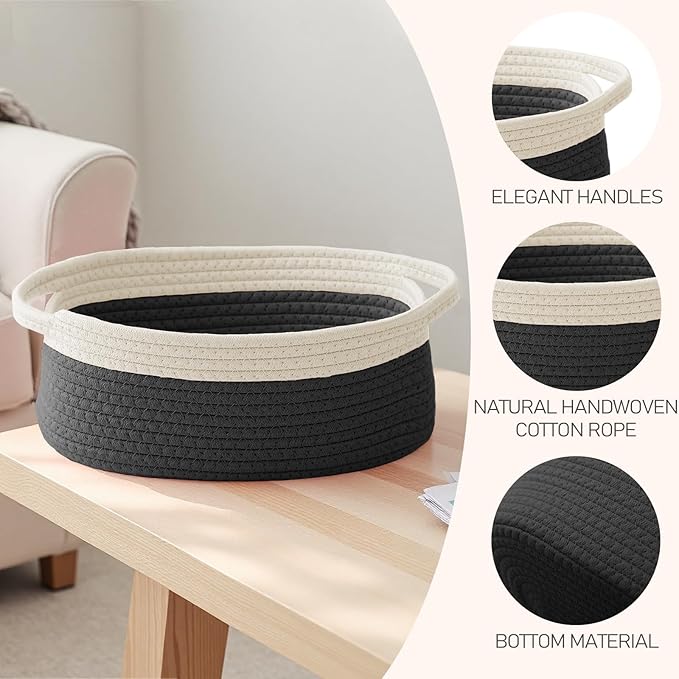 JMvicyroam Small Woven Basket, Empty Gift Basket, White&Black/3 Pack | Small Gift Basket, Cotton Rope, 12 x 8 x 62 in, Handles, Includes Ribbon and Bag, Birthday Gift Basket