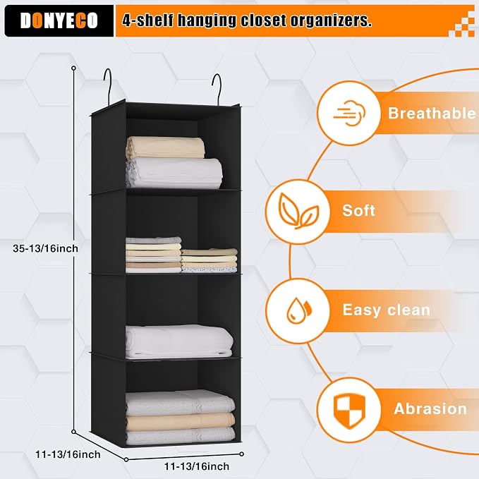 Hanging Closet Organizer 4-Shelf, Oxford Fabric Wardrobe Storage, Black | Easy-mount foldable design holds clothes, handbags, shoes & accessories; washable Oxford fabric, sturdy and space-saving.