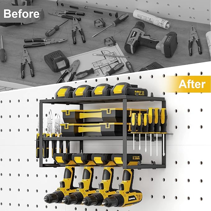 SPACECARE Power Tool Organizer- 2 Pack 3 Layers Rack for 8 Drill Holders | Heavy Duty Tool Shelf Durable Wall Mount Tool Storage Rack for Work Shop, Garage Organization, 150Lbs Load Capacity, Black