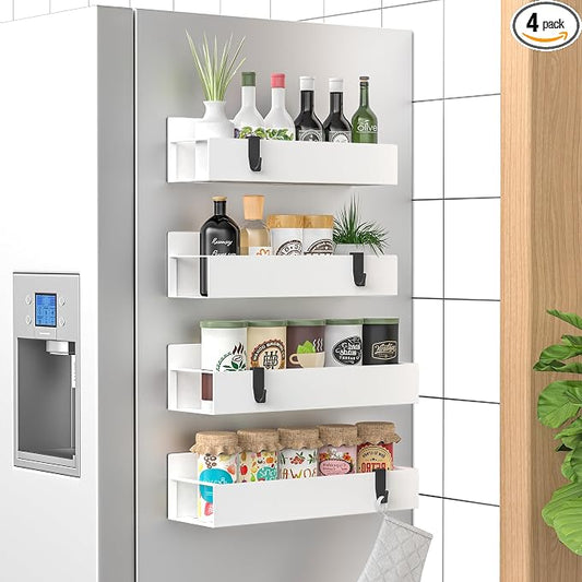 HuggieGems 4 Pack Magnetic Spice Storage Rack Organizer for Refrigerator and Oven, White Fridge Organizers and Storage