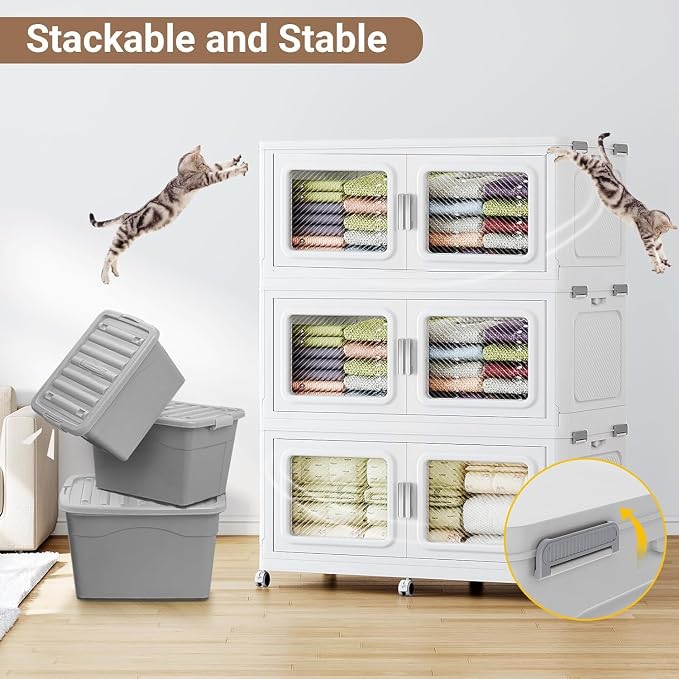 BROVIEW 165Gal Extra Large Storage Bins with Lid and Wheels, White, 3 Pack | 3 lid Plastic Cabinets Stackable Collapsible Foldable Storage Box Total 660 Quart Organizer Drawers For Home Office Garage