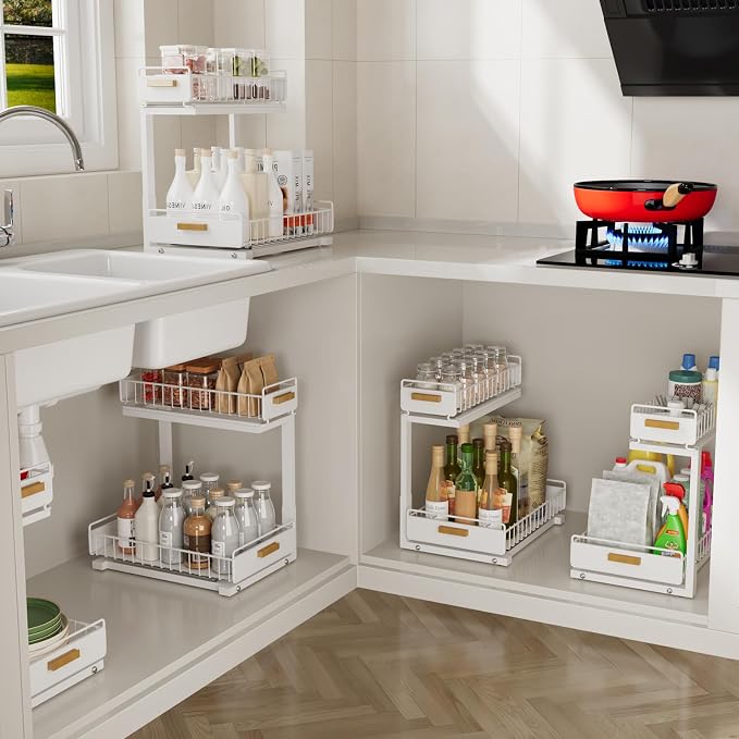 Under Sink Organizer Kitchen - Upgraded Professional Rails, 2 Tier Dual Pull Out Cabinet Storage, Height Adjustable Under Sink Storage, Metal Sliding Drawer for Kitchen & Bathroom, White, 2 Pack