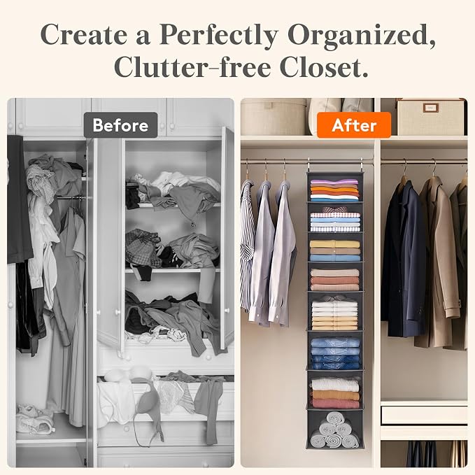 Lifewit 8 Tier Hanging Portable Closet Storage Organizer for Shelves, Black | Foldable Clothes Shelf with 2 Sturdy Hooks, Sweater/Coat/Shoes Clothing Organization for Wardrobe, Dorm, Bedroom