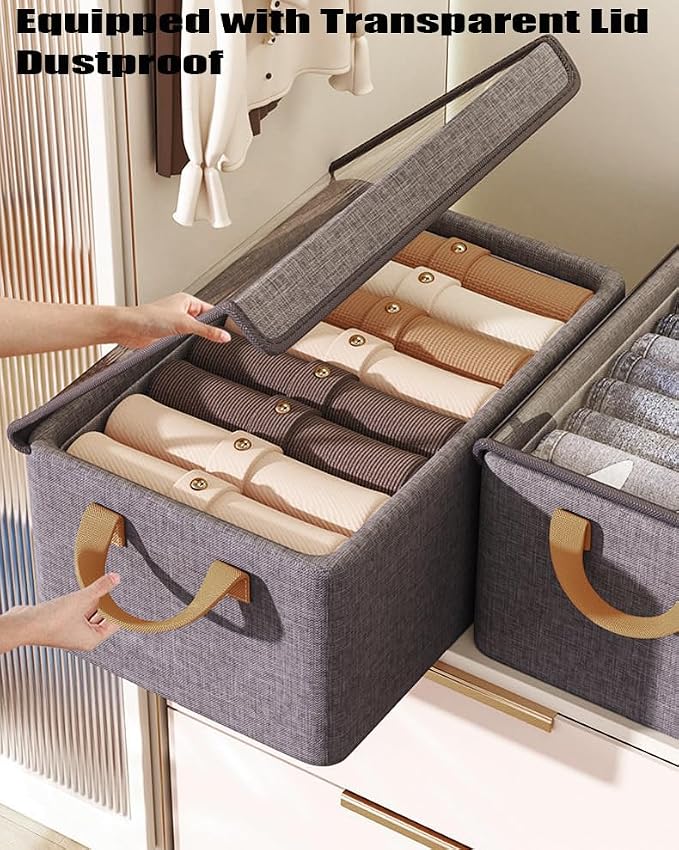 AARAINBOW Closet Clothes Organizer Bins 4 Pc, Fabric Box Storage Shelf Bins Stackable, Foldable Closet Shelf Storage Container with Lid, Fabric Storage Bin with Steel Frame, 23L (4 Gray with Lid)