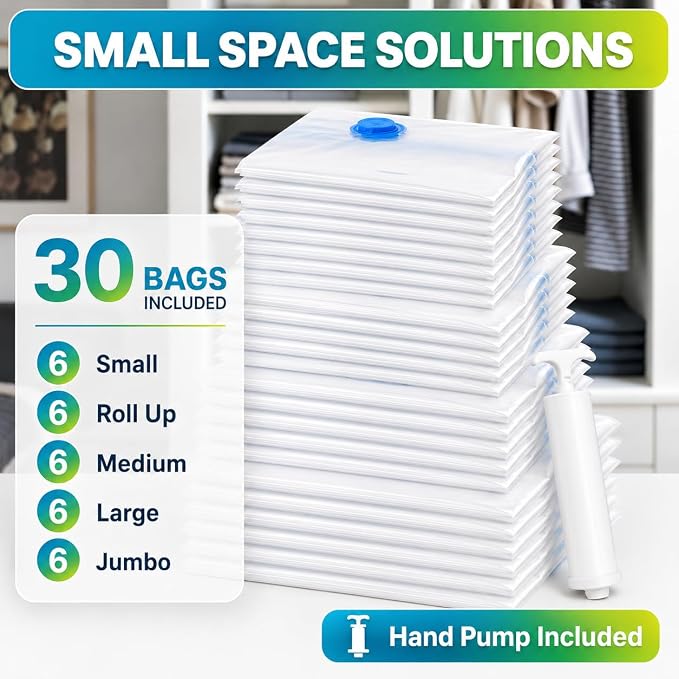 Vacuum Storage Bags,30Pack Vacuum Seal Bags for Clothing,Travel,Clothes,Comforters,Blankets,Pillows-6 Jumbo+6 Large+6 Medium+6 Small+6 Roll Up Space Saving Bag Hand Pump Included