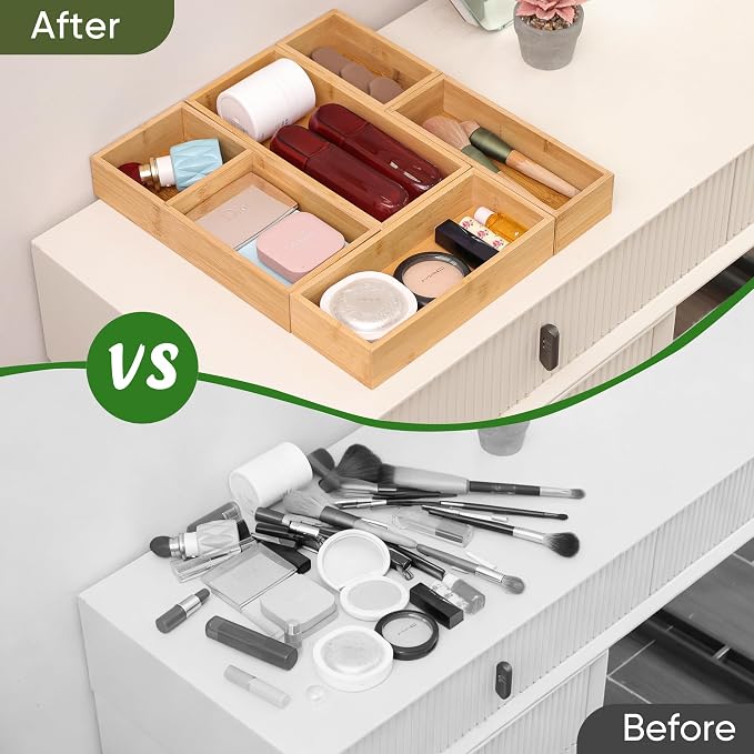 Vincona Bamboo Drawer Organizers Set, 5-Piece Multi-Use Wood Storage Organizers, Desk Drawer Tray for Kitchen, Bathroom, Office, Dresser, Bamboo Box Bin for Jewelry, Makeup, Junk, Gadgets