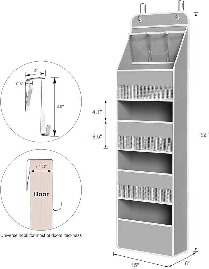 Univivi Fabric Over Door Hanging Organizer for Baby Nursery, Grey, 5-Shelf | Door Storage with Large Capacity Breathable Mesh Pockets, Closet Organizers and Storage for Baby Essential, Bedroom and Dorm
