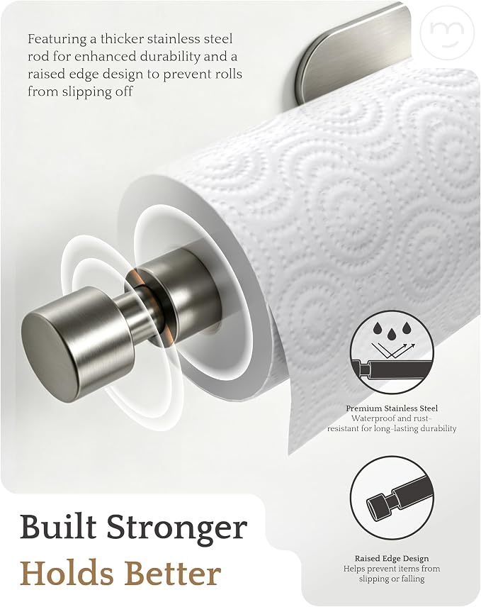 Paper Towel Holder Under Cabinet Adhesive or Drilling Silver | Drill Wall Mount or Adhesive, Easy Roll Loading, Heavy Duty, Stainless Steel Paper Towel Roll Rack for Kitchen, Bathroom