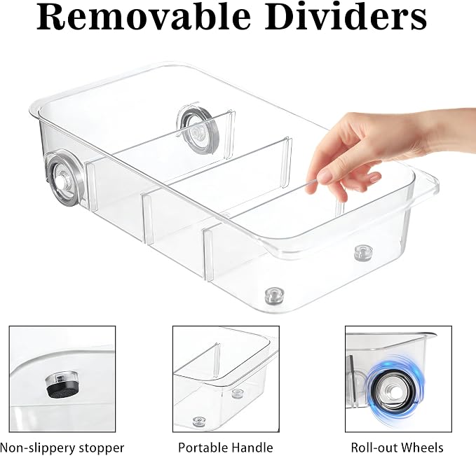 2Pack Roll Out Fridge Caddy Bins Pull Out Drawer with Wheels Refrigerator Organizer Bins with Handles Divided Fruit Caddy for Fridge Pantry Cabinet Storage Cans Drinks