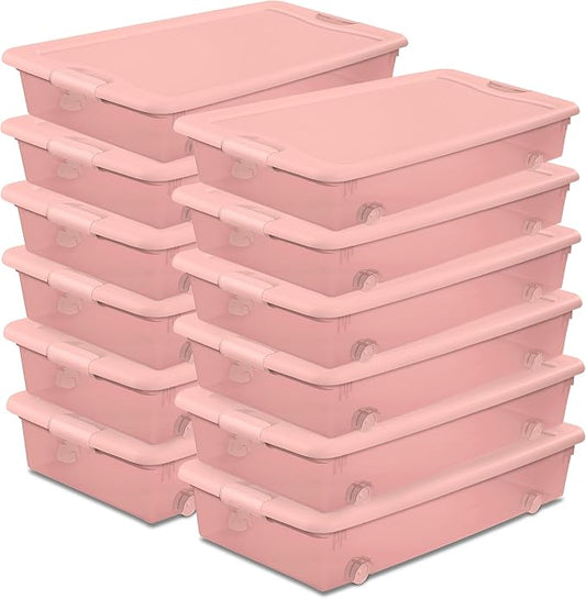 Sterilite 12 Pack Wheeled Under Bed Storage Container, 56 Qt Plastic Bin w/Latching Lid for Organization - Clothes & Shoes Organizer, Pearl Blush Tint