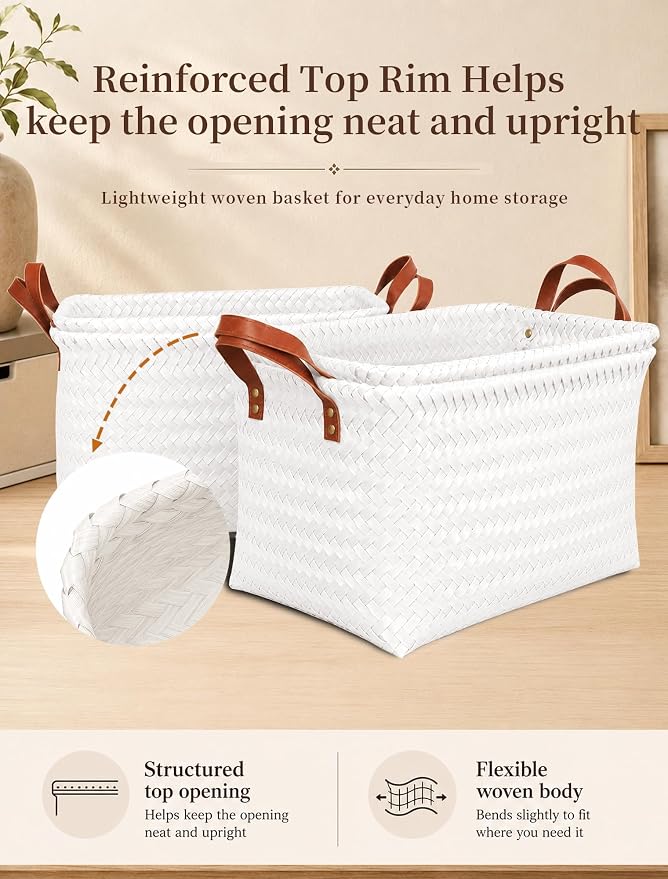 Wicker Storage Baskets, 4 Pack Woven Baskets for Shelves, White | PP Rattan, Water-resistant Wicker Basket, Large Baskets with Faux Leather Handles for Blanket, Laundry Organizer, Room Decor