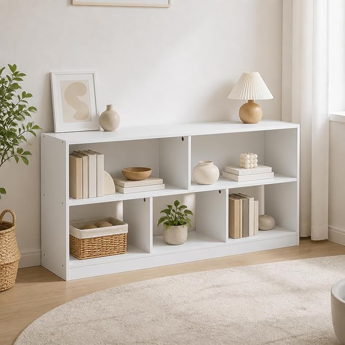 5-Cube Bookshelf, Horizontal Bookcase, Cube Storage Organizer & Book Shelf, 10.9 x 47.2 x 23.6, for Living Room, Home Office, Bedroom, White