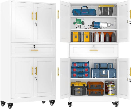 GAIOUS Metal Garage Storage Cabinet with Wheels and Drawer, Steel File Cabinet for Home Office, 74'' Tall Tool Cabinet with 4 Locking Doors and 3 Adjustable Shelves, Rolling Cabinet for Garage - White