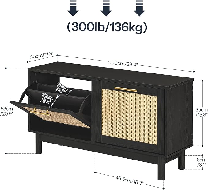 HOOBRO Rattan Shoe Storage Bench with Double Flip Drawers, Narrow Shoe Storage Organizer for Entryway, 11.8" D x 39.4" W x 20.9" H, Hidden Space Saving Wooden Shoe Cabinet for Hallway, Black BN51HX01