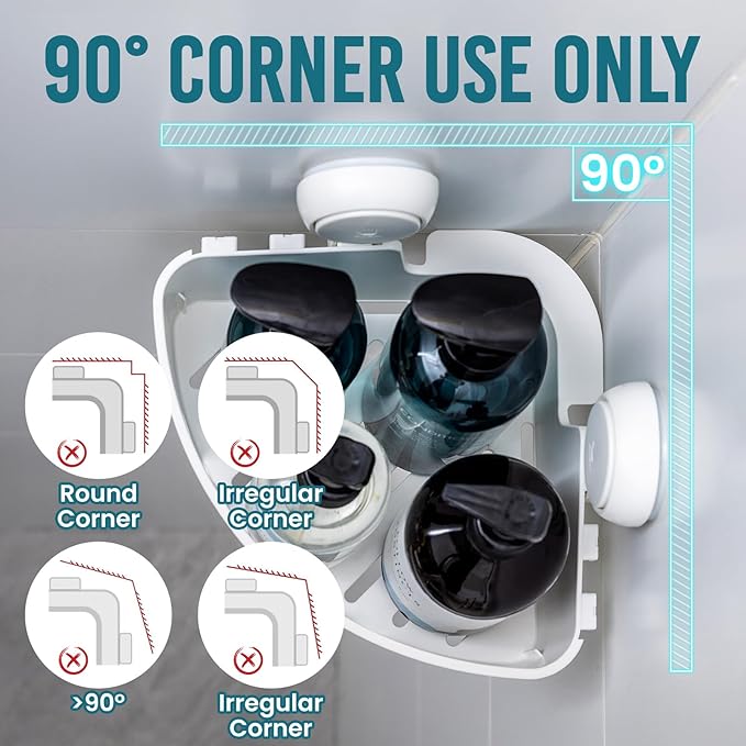 TAILI Corner Shower Caddy with Suction Cups, Wall Mounted Organizer Plastic Rack for Small Bathrooms, Kitchen, Removable Drill-Free Heavy Duty Shelf Basket, White | Plastic Rack, Small Bathroom Caddy, Removable, Drill-Free ,Heavy Duty Shower Basket