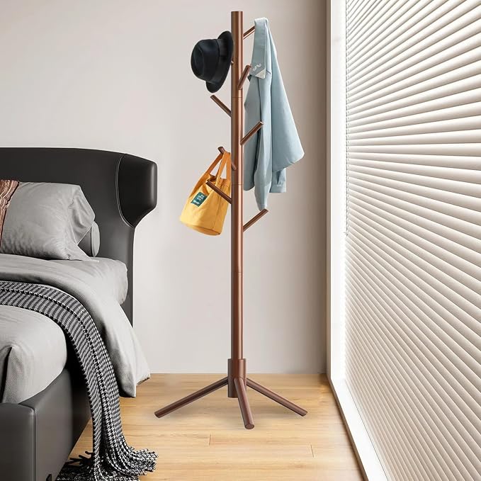 Aliphon Wooden Coat Rack Stand, Freestanding Coat Rack with 8 Hooks, 3 Adjustable Size Coat Tree for Hats, Coats, Scarves bags, Coat Hanger Stand Used in Bedroom/Office/Entryway （Brown）