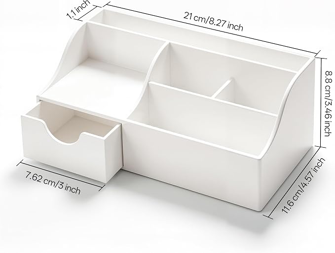 HBlife Acrylic Desk Organizer with Drawer, Pen & Pencil Holder, Multifunctional Desktop Caddy for Office Supply and Organization (White)