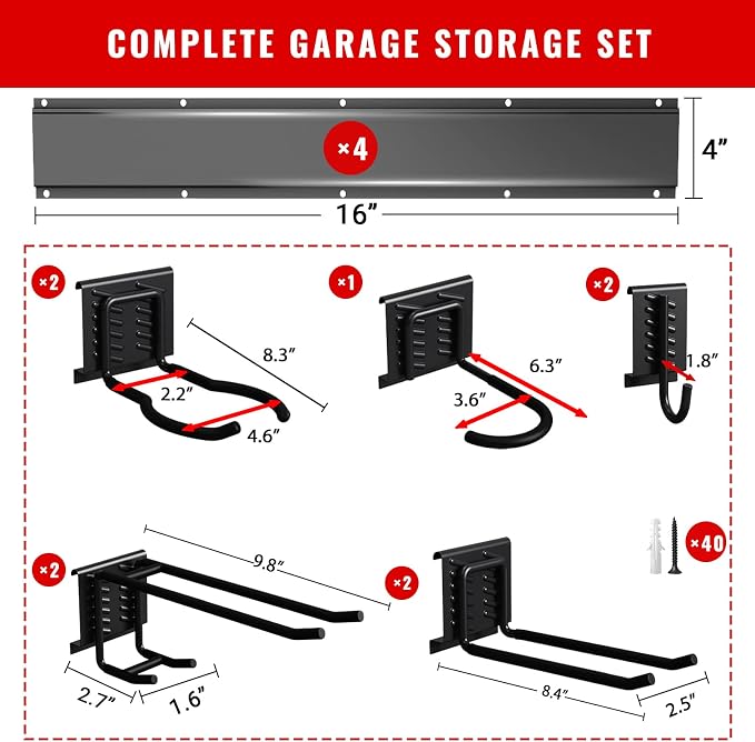 Garage Tool Organizer Wall Mount, Easy to 64inch Install Heavy-Duty Garage Storage System with 9 Adjustable Hooks, Garden Tool Rack for Shovels, Rakes, Yard Tools