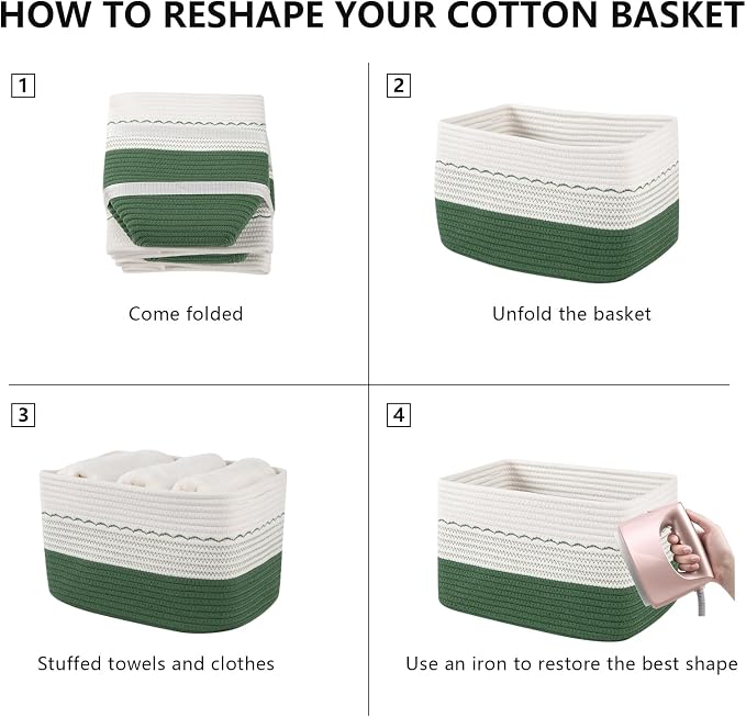 OIASKET 4 Pack Storage Baskets for Organizing, 13"X9"X7.87", Decorative Cotton Rope Baskets for Shelves, Small Woven Basket for Toys, Books and Towels, Green & White