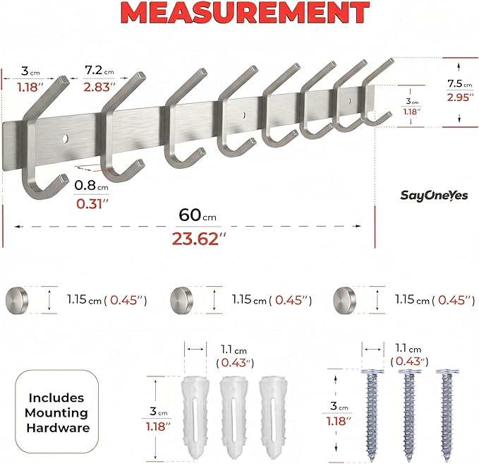 Coat Rack Wall Mount – Brushed Nickel 24 Inch Stainless Steel Hook Rail with 8 Heavy Duty Double Coat Hooks – Wall Mounted Coat Hanger for Entryway, Bathroom, Bedroom, Towel, Hat Organizer