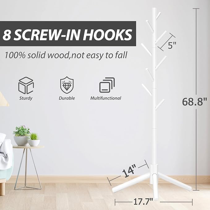 Unisakey 8-Hook Freestanding Wooden Coat Rack 3 Adjustable Heights White | Stable Triangular Base for Safety,Durable Construction,Simple Tool-Free Assembly,Ideal for Bedroom Hallway Office Entryway