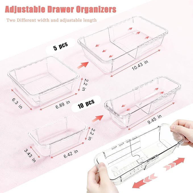 15 Pcs Extendable Drawer Organizer, 2 Sizes Adjustable Makeup Organizer For Drawer, Bathroom Drawer Organizer Tray, Clear Acrylic Vanity Storage Bin for Makeup, Cosmetic, Desk Drawer Organizer