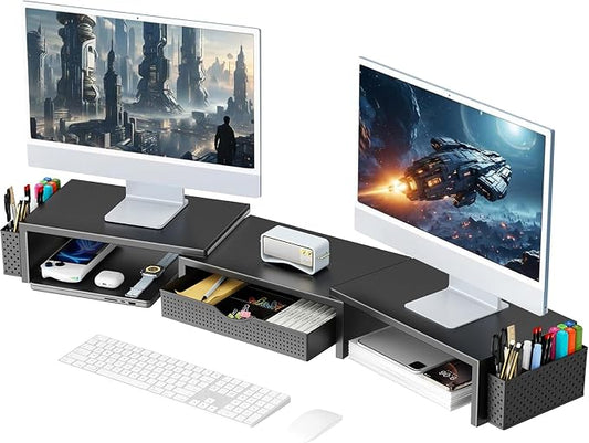 gianotter Dual Monitor Stand Riser, Desk Organizer With Drawer and 2 Pen Holders, Computer Monitor Stand, Desk Shelf for Top of Desk (Black)
