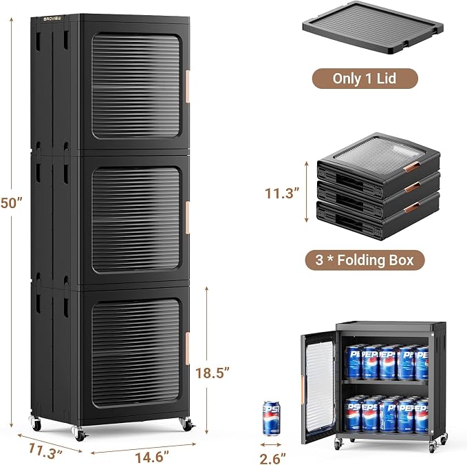 BROVIEW 3-Tier Tall Narrow Storage Cabinet 14.6” Wide, Slim Bathroom Cabinets with Adjustable Shelves and Doors, Plastic Kitchen Pantry Organizers and Storages for Small Space, Laundry, Black
