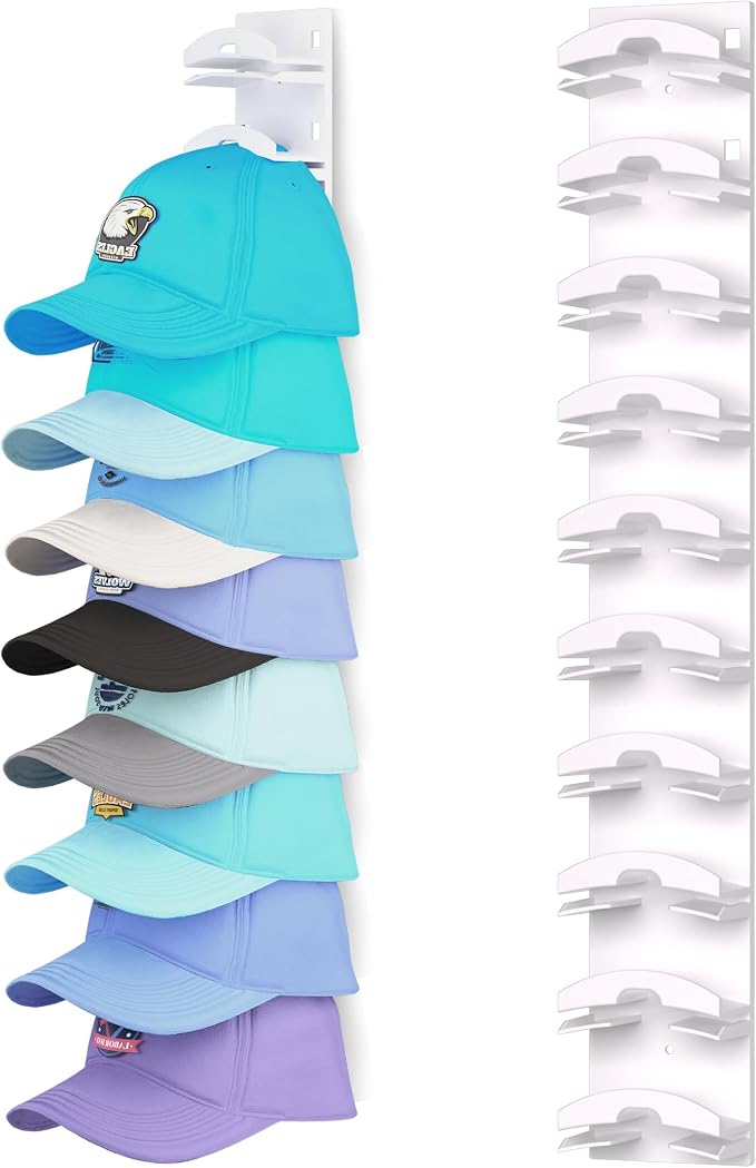 Hat Organizer for Baseball Caps, Hat Rack for Wall with Strong Adhesive Hold up to 10 Hats, Hat Hanger Holder Display for Door Closet, Cap Organizer Storage Multilayer Two Mounting Option(White)