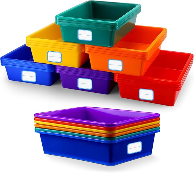 24 Pack Classroom Cubby Storage Bins Plastic Stackable Storage Bins with Labels Cubby Organizer Containers for Classroom School Toy Book Organization(14 x 10 x 3 Inch,Colorful)