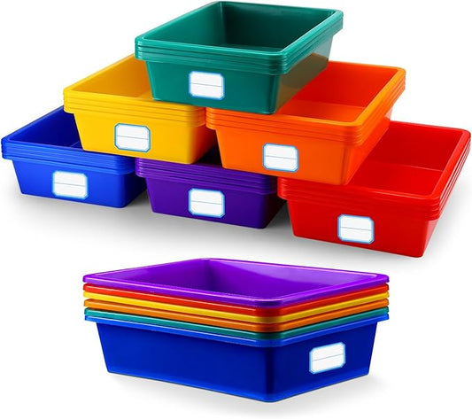 24 Pack Classroom Cubby Storage Bins Plastic Stackable Storage Bins with Labels Cubby Organizer Containers for Classroom School Toy Book Organization(14 x 10 x 3 Inch,Colorful)